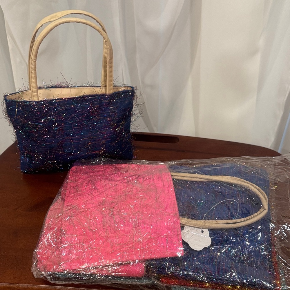 One dozen new miniature tinsel totes/handbags